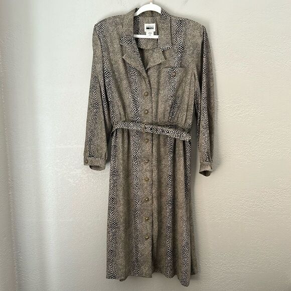 Vintage Leslie Fay Belted Animal Print Dress Size 16P Button Up - Picture 1 of 8
